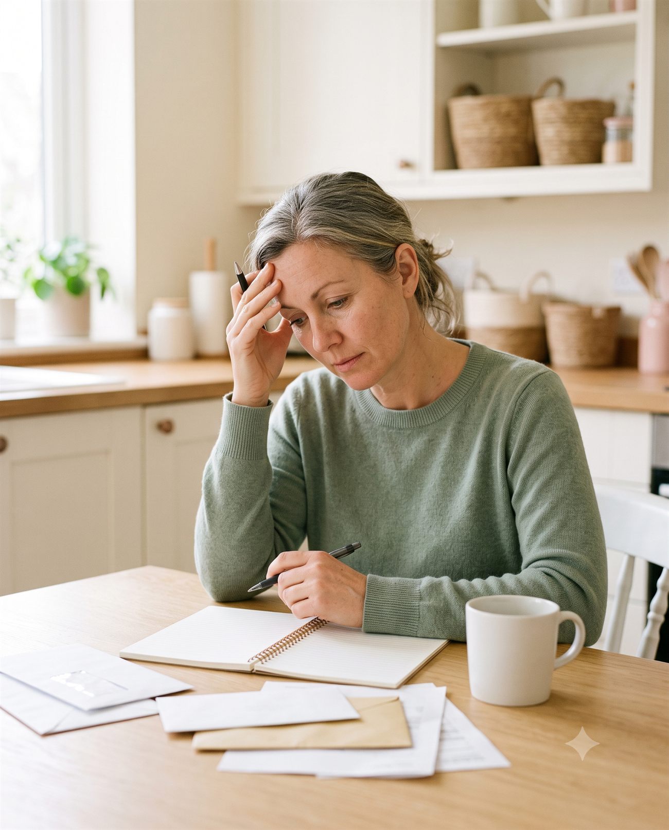 A woman at her kitchen table, pen in hand, thinking