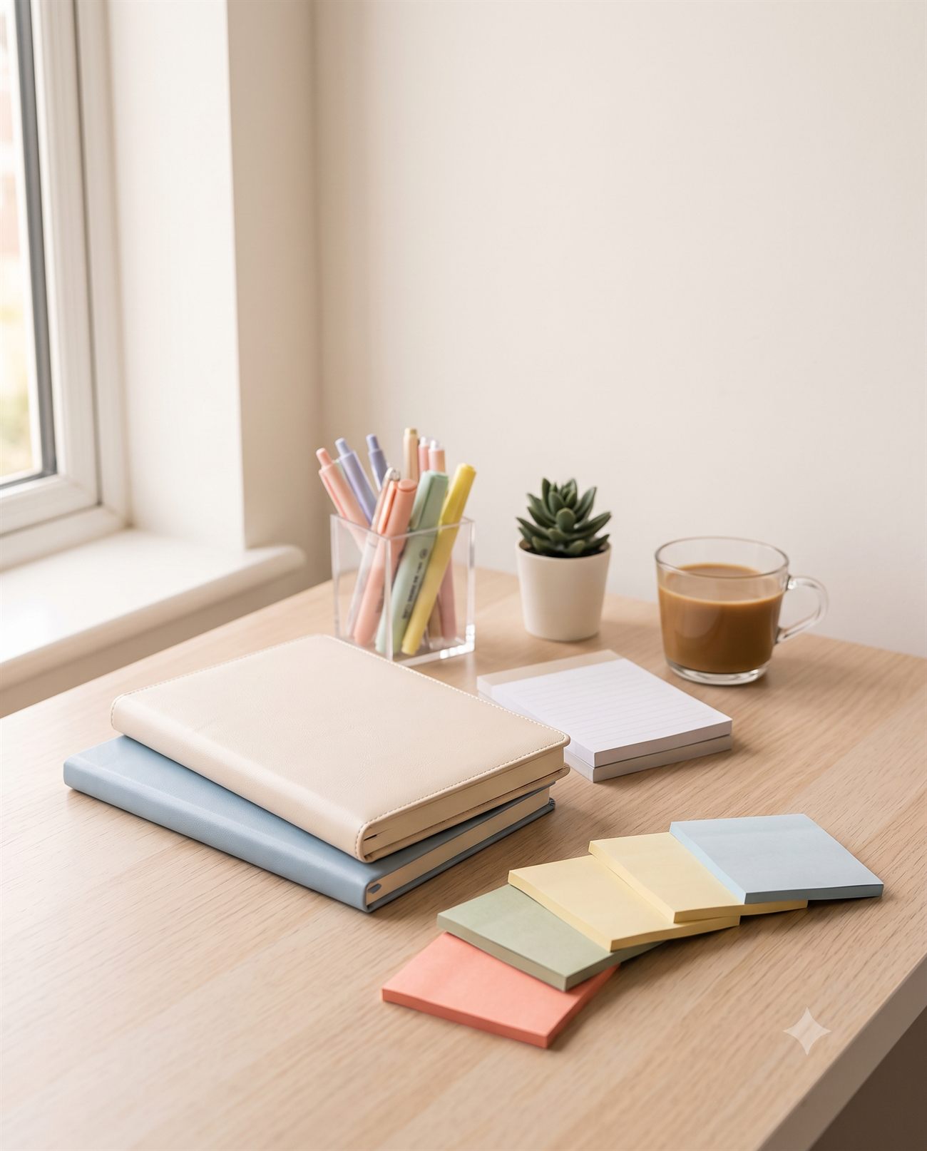 Colorful journals stacked on a desk